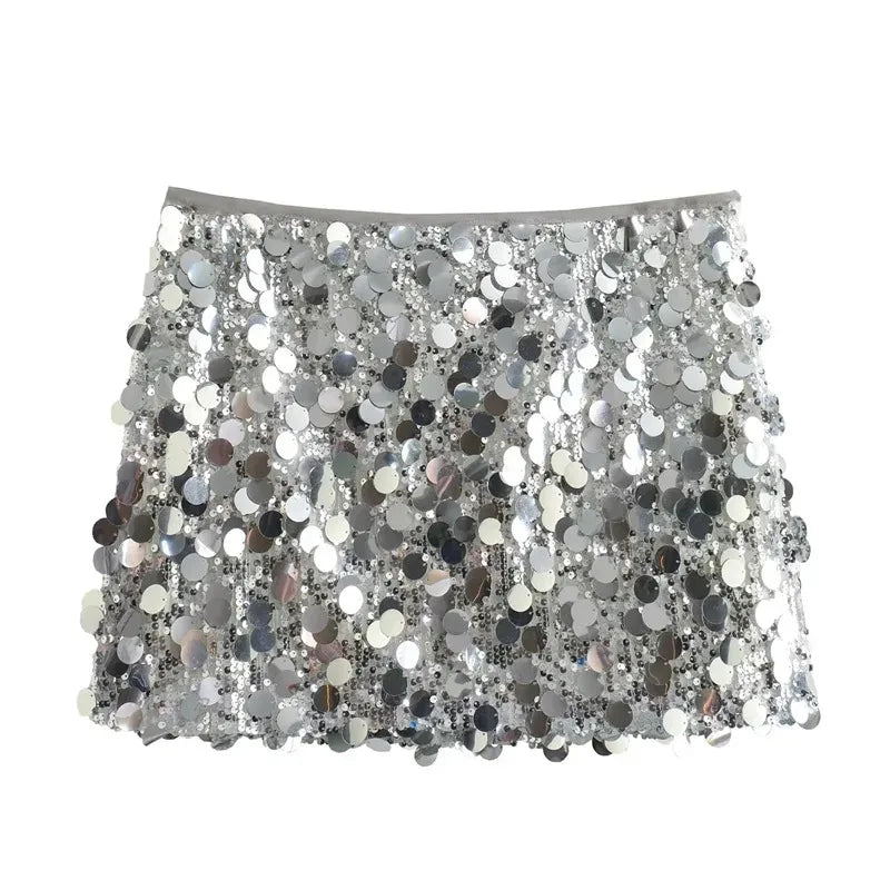 Mini-jupe femme taille haute à paillettes argentées