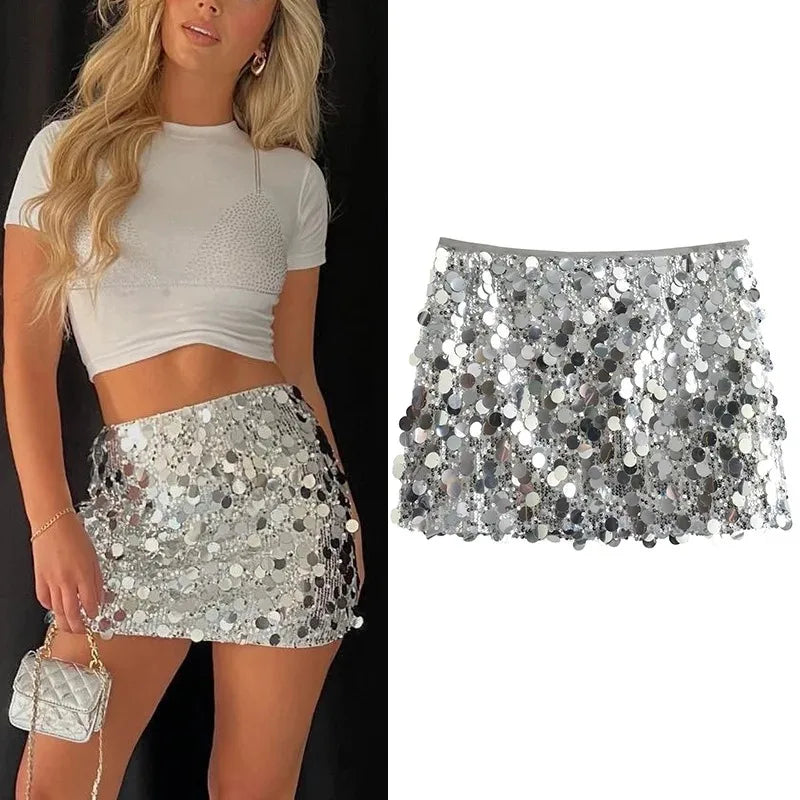 Mini-jupe femme taille haute à paillettes argentées