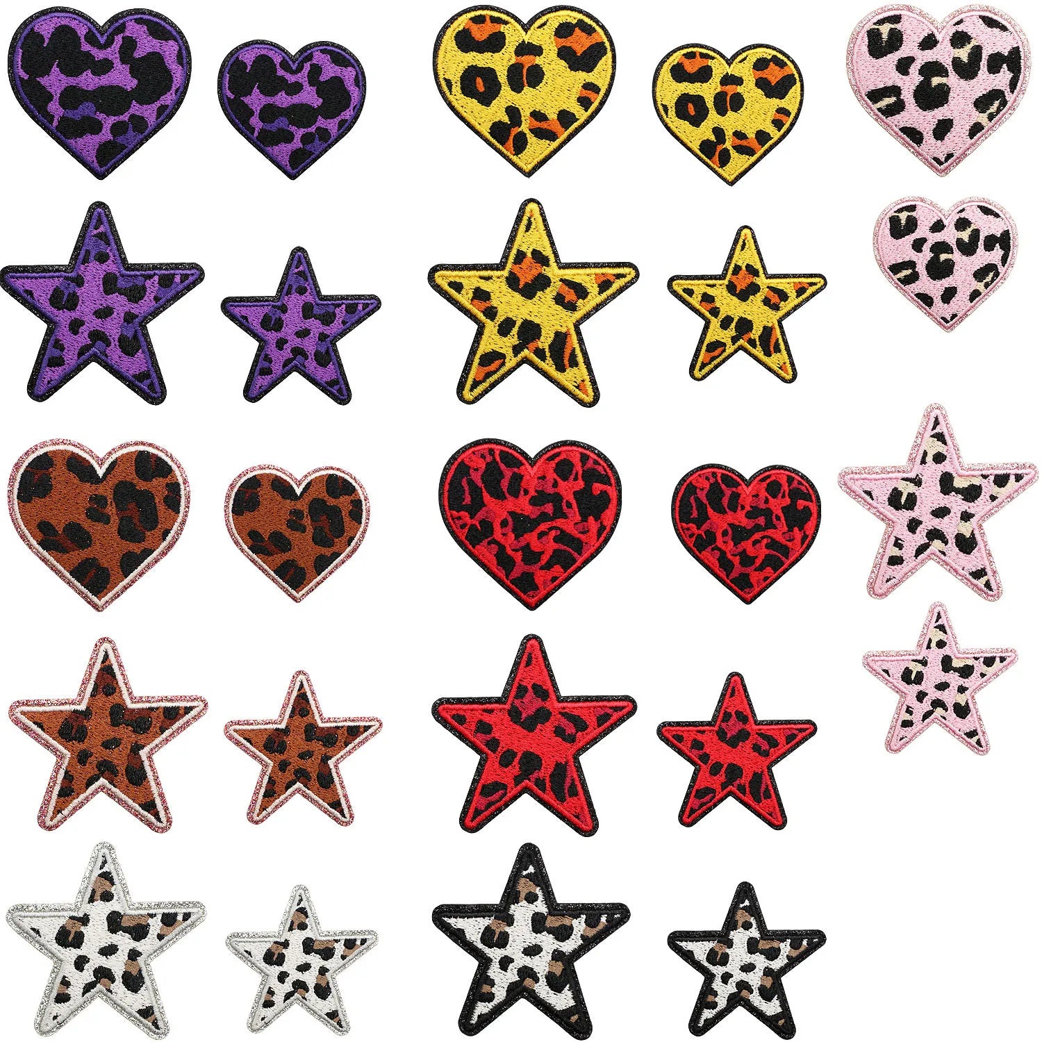 Pack de 24 Patchs décoratifs en cuir brodé - Étoiles, cœurs léopard et motifs variés pour customisation pour vêtement